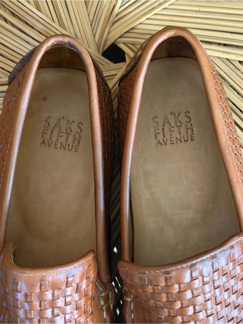 Saks Fifth Avenue Leather Basket Woven Loafer Driving Mocs Shoes Mens 9 Brown
